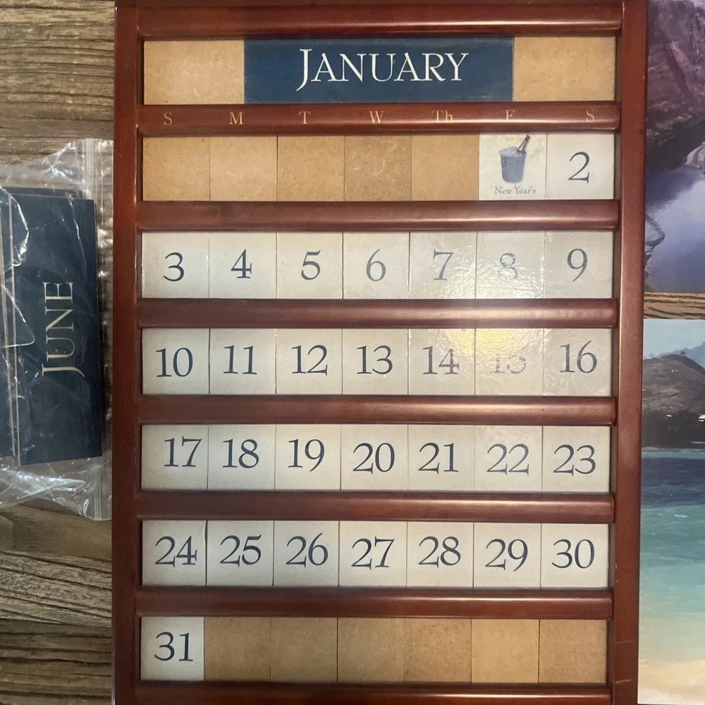 VTG Perpetual Calendar Dark Wood 4 Scenes Complete Wall Hanging